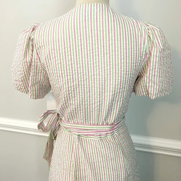 NWT Draper James RSVP Pink Green Striped Seersucker Puff Sleeve Wrap Dress, Sz S - Picture 9 of 10